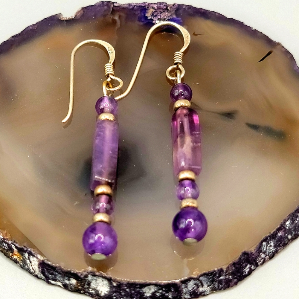 Sterling Silver Amethyst Gemstone Beaded Dangle Earrings